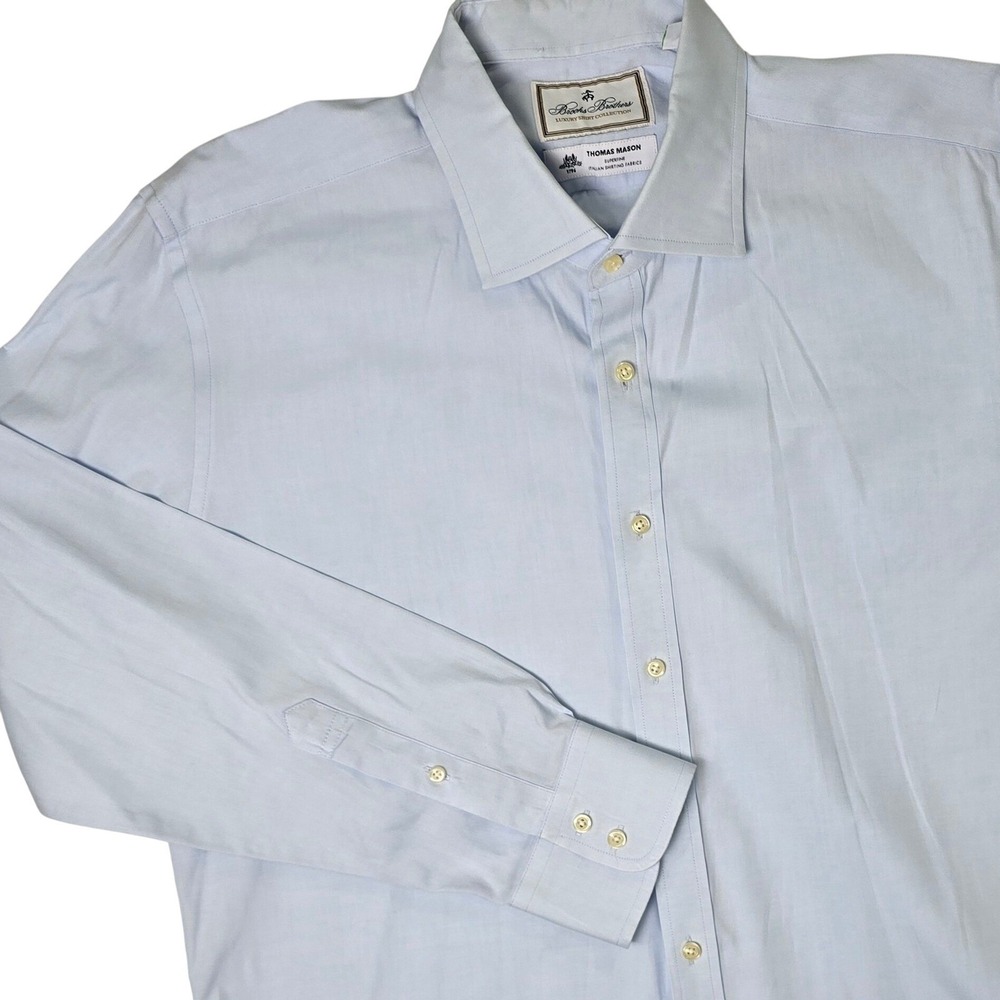 Brooks Brothers Dress Shirt Mens 17 34 Blue Slim Thomas Mason Luxury Collection